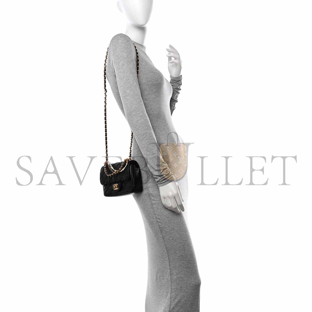 Ch*el shiny lambskin quilted pearl twist mini square flap black as4385 (17*12.5*5cm)